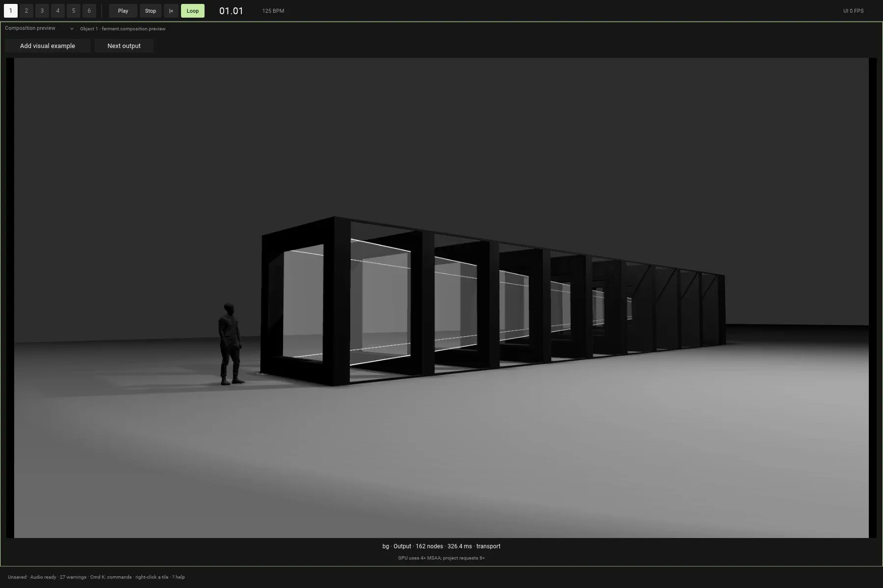 Hypr's native preview: a monochrome 3D installation with a person standing beside a sequence of illuminated frames.