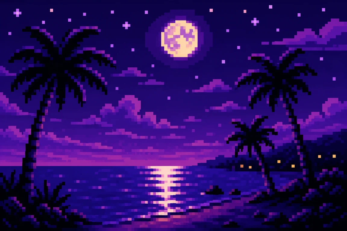 Pixel-art palm bay at night