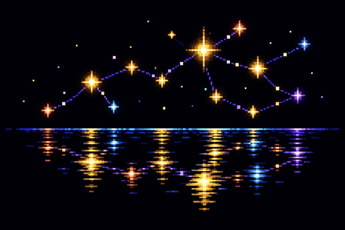 Pixel-art constellation of connected stars, reflected in the water below