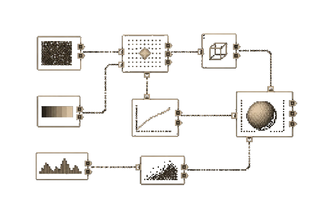Pixel-art patch graph: operator boxes wired by dotted cables, each previewing its own output — noise, a ramp, a curve, a shaded sphere