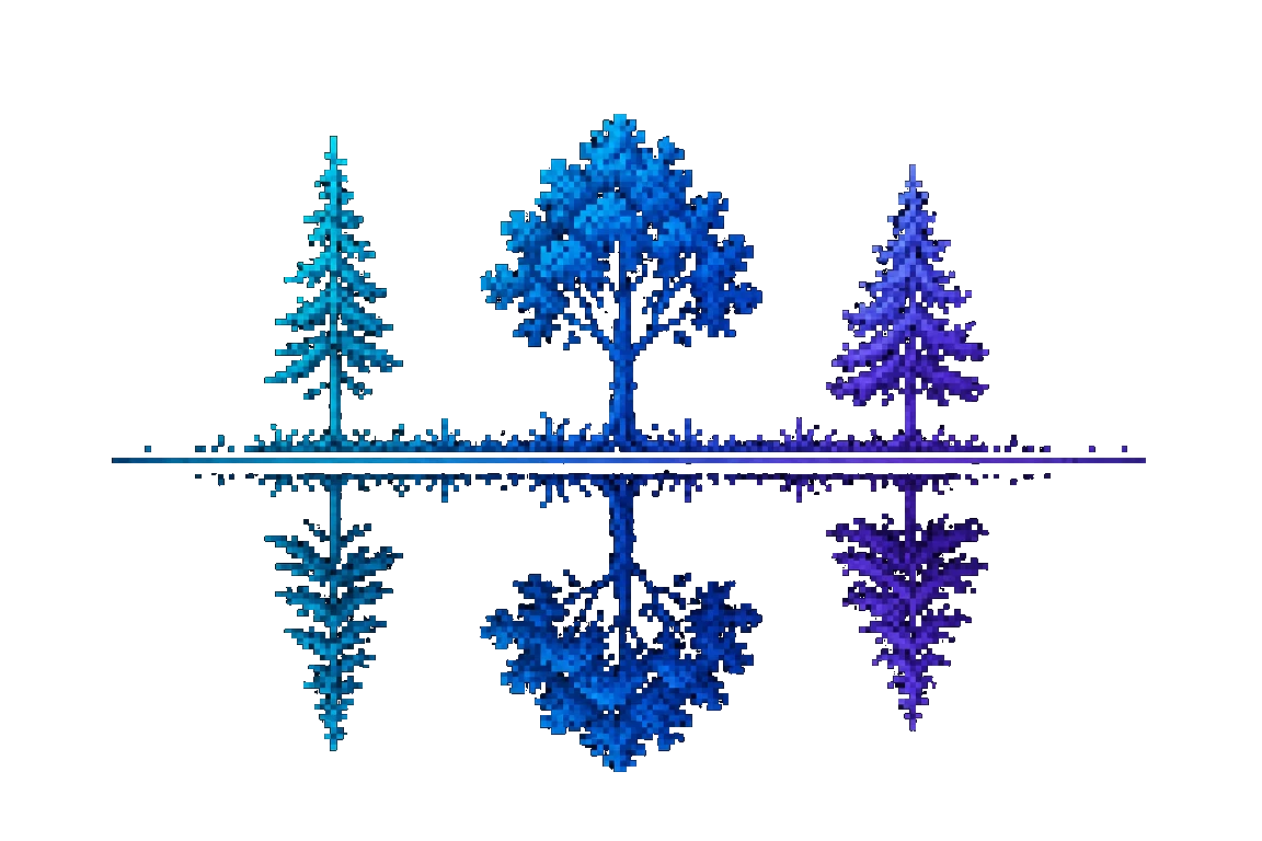 Three pixel-art trees on a waterline, each mirrored in the water below